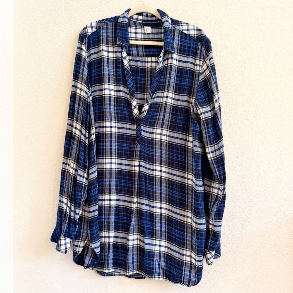 Gap Womens XL Tall Blue Plaid Popover Tunic Shirt Long Sleeve V-Neck Relaxed Fit